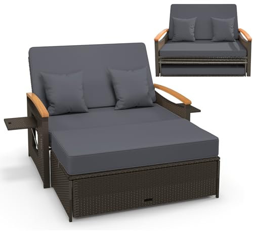 COSTWAY Garden Rattan Daybed, Patio Double Chaise Lounger Sun Bed with 4-Level Adjustable Back, Storage Ottoman, Cushions, Pillows & Side Trays, Outdoor Loveseat Sofa Conversation Furniture (Grey)