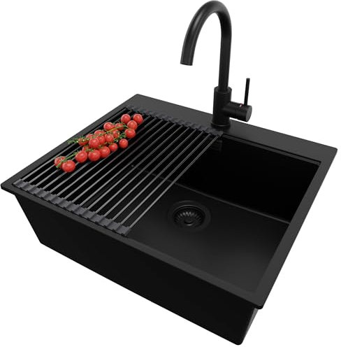 PRIMAGRAN Fregadero Granito Todo Negro 58x50cm, Fregadero Cocina 1 Seno + Sifón + Grifo 32x20cm + Enrollable Escurridor, sobre encimera al mueble 60cm - Oslo
