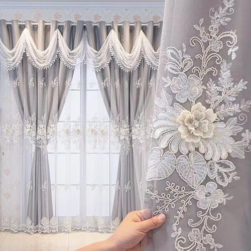 Amidoudou 1 Paar Luxus Europäische Vorhänge Mit Gewelltem Valance Für Wohnzimmer Schlafzimmer Doppelschicht Bestickte Vorhänge (Grau,H215 x B140 cm (2er Pack))