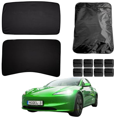 Shop4EV Parasol para Tesla Model 3 Highland (10/23 hasta hoy) – Protector UV para techo de cristal, lámina aislante de dos piezas, fácil montaje con clips, incluye bolsa de almacenamiento