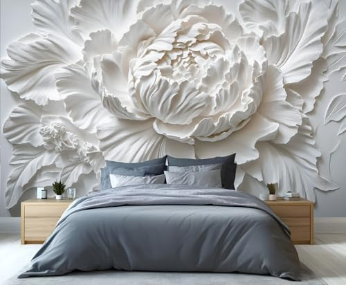 GIVLWF Peony Wallpaper, 3D Emboss Flowers Self Adhesive Wallpaper for Living Room, European White Wall Paper for Bedroom, Light Luxury Wall Mural, Beauty Large Mural & Room Decor
