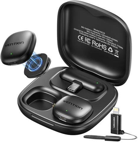 VENTION Mini Microfono Wireless per iPhone 17/16/15 Pro Max, [Plug and Play] USB-C Bluetooth Lavalier Microfono per Android,Dotato di custodia di ricarica da 24 ore per Registrazioni Video,Vlogging