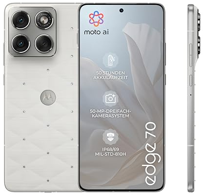 Motorola Edge 70 Smartphone (Robustes 6,67-pOLED-Display mit Gorilla Glass 7i, 50-MP-Kamera, 12-512 GB, Wasser- und hitzebeständig, 68W-TurboPower-Aufladen), Pantone Cloud Dancer, inkl. Magnetcover