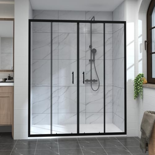 Aquariss 1600mm Black Sliding Shower Door Enclosure | 6mm Tempered Glass, Easy Clean, Aluminum Frame, 20mm Wall Adjustable, Stainless Steel Handle, Reversible, Double Sliding Door