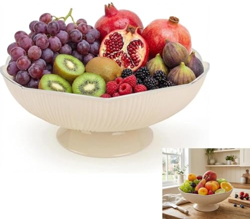 STOUCLA obstschale,obstkorb,obstschale groß,Mit Abflussloch, geeignet zur Aufbewahrung von Obst, Wohnzimmerdekoration, Küche, Streifen,weiß.