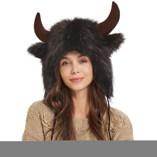 Eisdespie Bison Hut Mit Hörnern, Wasserbüffelhut Plüsch Winter Ohrenschützer, Warme Pelzige Mütze Mit Hörnern Tierhüte, Flauschige Weiche Ohrbedeckung Winddicht Für Tier-Cosplay Halloween Weihnachten