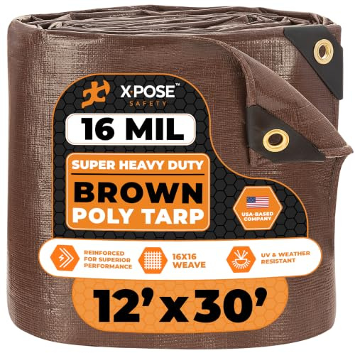 Xpose Safety 12' x 30' Super Heavy Duty 16 Mil Brown Poly Tarp