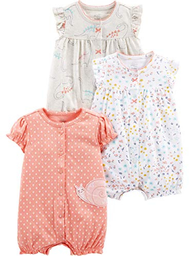 Simple Joys by Carter's Baby Girl's 3-Pack Snap-up Rompers Pants, dino/floral/Snail, 0-3 Months
