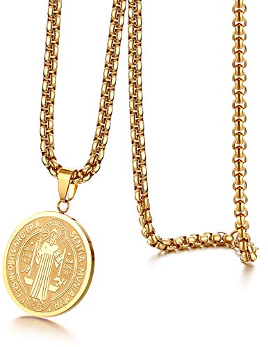 JewelryWe Schmuck Retro Herren Halskette Edelstahl Heilig Saint Benedikt Kreuz Christliche Katholische Runde Medaille Anhänger mit 22 Zoll Kette Gold