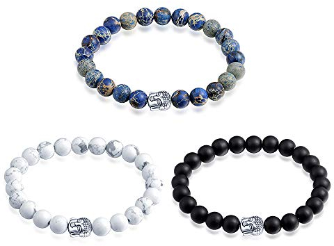 Feilok 3er Set Buddha Partner Armband Armbänder echten Natursteinen Chakra- Bracelet Strech Perlenarmband Armkettchen Armkette Freundschaftsarmband BFF ketten für 3 Männer Damen