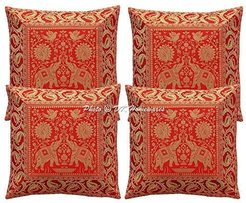 DK Homewares Indisch Sofa Kissenbezüge 40x40 cm Rot Brokat Jacquard Kissenbezüge Home Reißverschluss Elefant Bohemien Quadrat Kissenhülle Tiermotiv - 4er-Set (nur Bezug)
