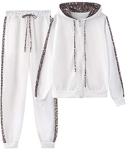 amropi Donna Tuta Sportiva Set Leopardato Maniche Lunghe Felpa con Cappuccio e Jogging Pantaloni (Bianco, S)