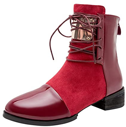 Stivali da Donna in Pelle Antiscivolo Punta Tonda Cerniera Laterale con Lacci Tacco Basso Scarpa Caviglia (39,Rosso)