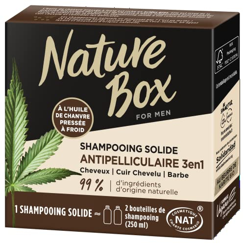 Nature Box - Solides Shampoo 3 in 1 Anti-Schuppen – mit kaltgepresstem Hanföl – Haare/Kopfhaut/Bart – 99% Inhaltsstoffe natürlichen Ursprungs – Seife 85 g