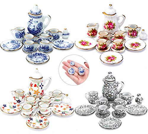 Skylety 60-Piece 1:12 Scale Miniature Porcelain Tea Cup Set - 4 Sets, 4 Colors, 60 Pieces - Dollhouse Decor