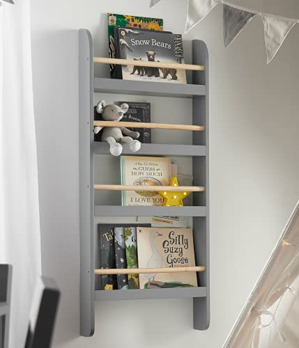Haus Projekt Children’s Grey Open Wall Bookcase, Kid’s Wall Mounted Bookshelf, Wooden Multipurpose Storage Solution Organizer With Four Shelves, Shelving Unit Great For Small Spaces