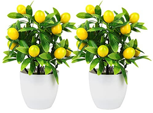 WIVAYE 2 Pcs Artificial Lemon Tree Plant Decor, 9.45In Fake Green Pot Plants Flowers Ornaments Mini Potted Fruit Stems Decor in for Home Office Decorations, 3.78 x 9.45inch