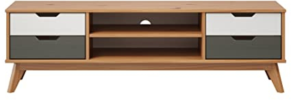 Inter-Furn TV-Lowboard, Kiefernholz, Kiefer Massiv-Honig/Grau/Weiß, 140 x 42 x 40 cm