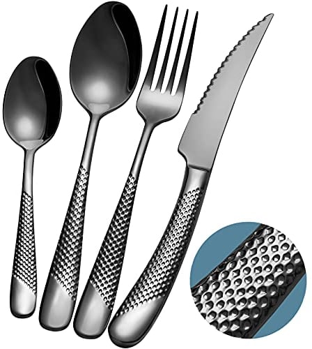 Xideman® Juego de cubiertos martillados Negros modernos de 24 piezas con cuchillo dentado 2 en 1 ultra afilado, set de cubiertos acero inoxidable 18/10, cuberterias completas 6 personas