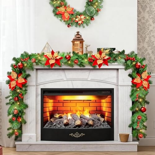 9FT Pre-Lit Christmas Garland with Lights, Green Pine Decorated with Red Flowers, Balls, Berries, 30 LED Warm White Battery Operated Garland for Stairs, Fireplace, Table Display, Christmas Decorations