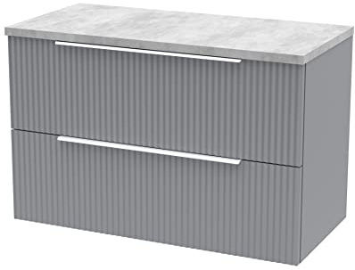 Hudson Reed DFF295LBG Fluted Modern Bathroom Wall Hung 2 Drawer Vanity Unit with Bellato Grey Laminate Worktop, 800mm, Satin Grey
