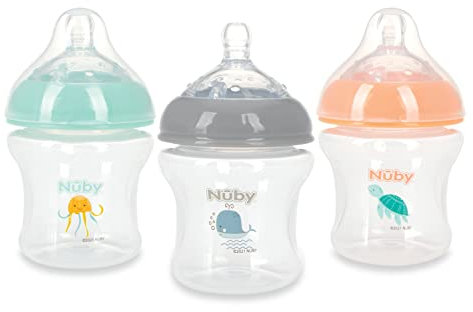 Nuby 3-Pack Infant Feeding Bottles with Slow Flow Breast Size Silicone Nipple: 0+ Months, 6oz, 3 Pack Set: Delicate Whale, Jellyfish, Turtle Prints