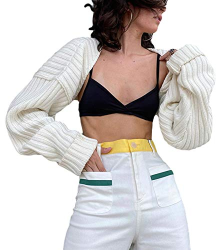 Betrodi Women Sexy Knit Arm Warmers Long Sleeve Open Front Crop Cardigan Top Shrug Ribbed Knit Cropped Sweater Bolero Outwear (A White, One Size)