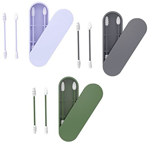 3 scatole di aste di cotone silicone, lavabili a doppia estremità, riutilizzabili, tamponi a spirale, con scatola di immagazzinaggio, pulizia quotidiana delle orecchie di trucco (grigio, verde, blu)