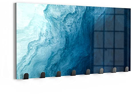 DEQORI Wandgarderobe Glas & Metall | Motiv Aufgewühlte Wellen | 60x30 cm | Design Haken-Leiste modern | Garderoben-Paneel für Flur, Wohnzimmer & Schlafzimmer | magnetisch & beschreibbar