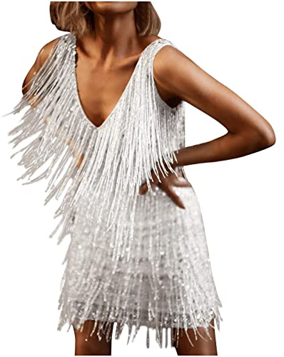 Abendkleid Damen Fransen Ballkleid Paillettenkleid Einfarbig Abschlusskleid Party Club Kleid Elegant Stretchy Glitzerkleid Quasten Cocktailkleid Kleider Hochzeit Fransenkleid