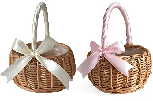 2 Pezzi Cesti Intrecciati Con Nastro, Cesto fiori vimini intrecciato, Cesto Di Fiori In Tessuto, Cesto Da Ragazza Di Fiori, Cesto Da Matrimonio Con Cesto Di Paglia Per Bomboniere Di Nozze
