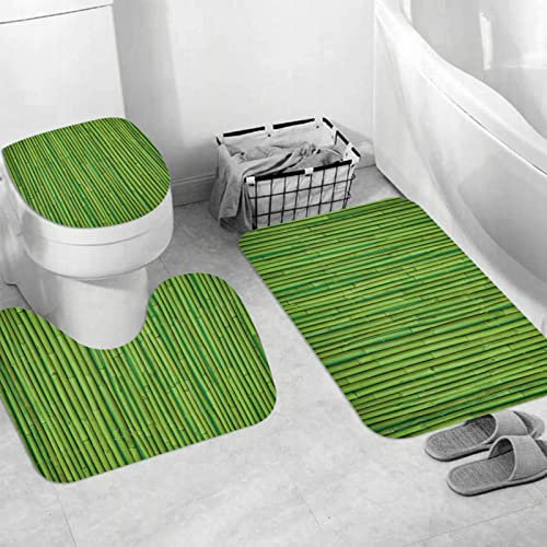 Ensemble Tapis de Bain, Carpettes de Toilette 3 Pièces,Poteau Bambou Vert Bambou Disposé Soigneusement Simplicité Moderne Nature Fraîche,Tapis WC Antidérapant Doux Absorbant pour la Salle de Bain/WC