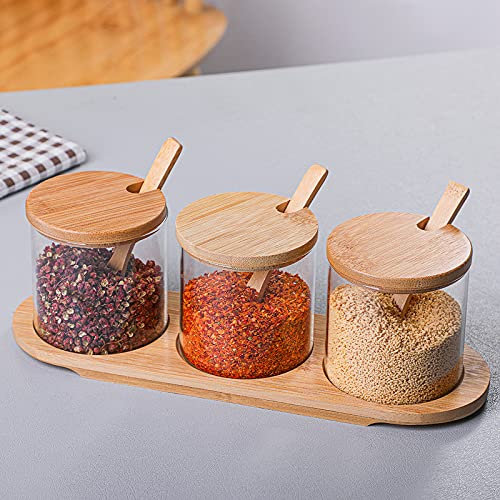 Juego de 3 recipientes para especias, 300 ml, tarros de especias con cuchara, tapa de bambú y base, soporte para especias, tarros pequeños de vidrio de borosilicato para guardar especias, té, café