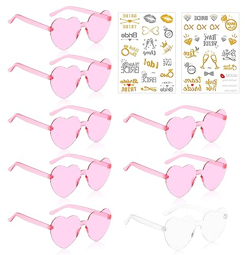 KOIROI Bride Herz Brille, 8 Stück Partybrille Herz Sonnenbrille, 1 Braut+7 Team Braut Brille+2 Team Bride Tattoo Aufkleber, JGA Accessoires, JGA Partybrillen Set für Hochzeit Bachelorette Party