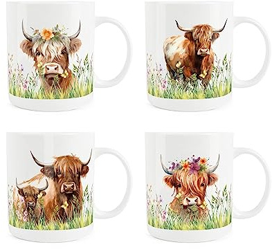 Purely Home Highland Cow Mugs - Set of 4 Highland Cow Floral Animal Gift/Present - Tea Coffee White Bone China Mugs