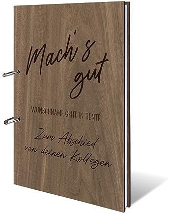 Personalisiertes Abschied Gästebuch echtes Holz DIN A4 Rente Erinnerungsbuch mit Lasergravur - Machs Gut - mit 72 Blatt / 144 Seiten Naturpapier Weiß