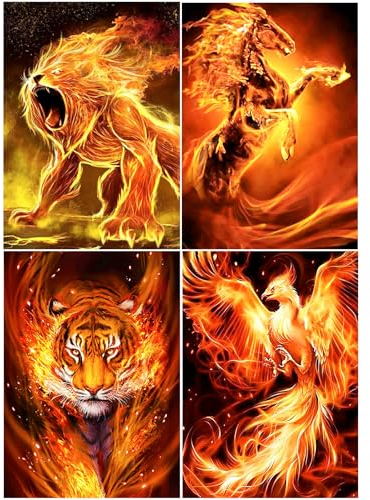 SHEGZHUC Diamond Painting Tiere Flammen 4er Set 30x40cm Diamond Painting Flammen Löwe Pferd Tiger Phönix 5D Diamant Painting Malen nach Zahlen Löwen Pferde Tiger Phönix Feuer Craft Buddy Crystal Art