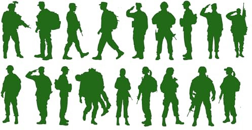 Pack of 18 Soldier Stickers Military 8cm (3.1) Tall - Army Gifts - Waterproof Decals - Use on Laptops, Cars, Water Bottles, Scrapbooking, Party Bags (Small, Green)