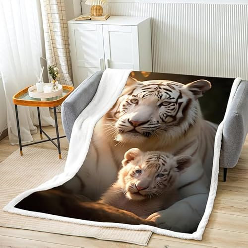 WeißEr Tiger Sherpa Decke 130x150cm Kuscheldecke Flauschig Fleecedecke SüßE Tiere Klein Winter Dicke Warm Kunstfelldecke für Kinder Knie Sofa Wohnzimmer