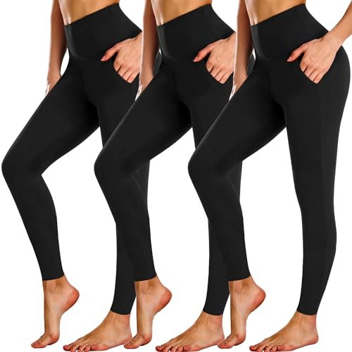 FuelMeFoot 3 Pack Leggings Damen mit Taschen High Waisted Leggins Blickdicht Bauchkontrolle Elastische Sportleggings Workout Yoga Gym.C1-Schwarz/Schwarz/Schwarz S/M