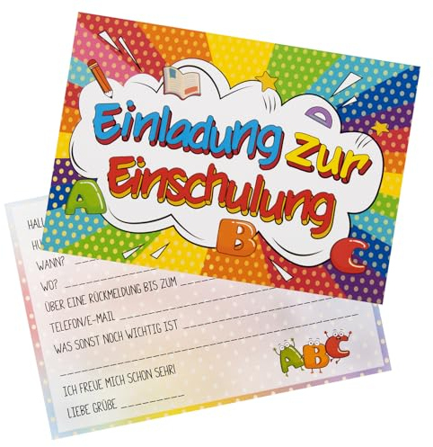 GEBETTER 12 Einschulung Einladungskarten 14,8x10,5cm Schulanfang Party Einladung für Mädchen und Jungen Einschulungsfeier Schulbeginn Schulstart Kinder Kinderparty