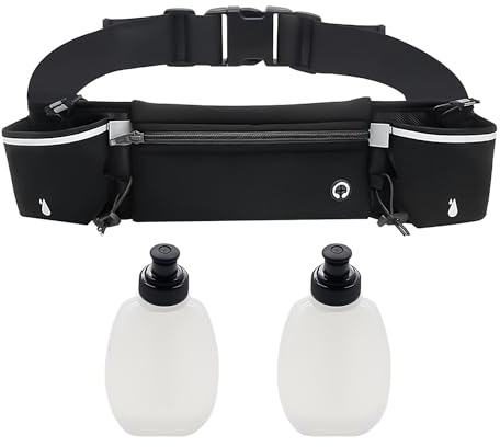 Bolsa de plátano de deporte negra con botella de agua, cinturón de correr ajustable con cremallera para entrenamiento al aire libre y ciclismo, Negro , talla única, Riñonera
