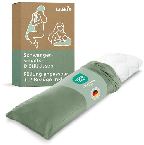 Laleni Schwangerschaftskissen 40x145 cm + 2 Bezüge | Oeko-TEX zertifiziertes Stillkissen Seitenschläferkissen | entlastendes Pregnancy Pillow | Lagerungskissen Erwachsene + 2 Bezüge in Hellgrün