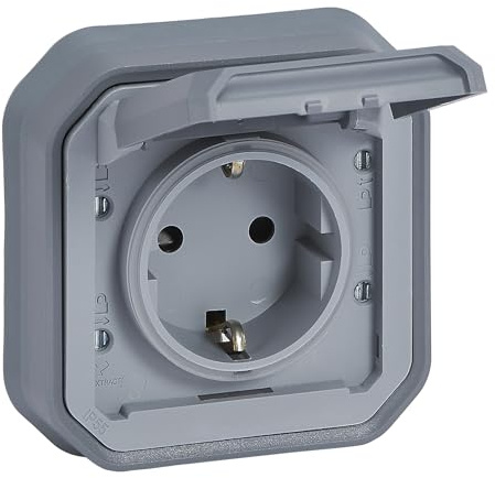 LEGRAND, Plexo New Aufsatz für Feuchtraum-Steckdose, Schuko-Standard, inkl. Klappdeckel, Berührungsschutz, Installation mit Spreizkrallen & Schraubklemmen, 16A, 250 Volt, IP44 - IK07, Grau, 069834L