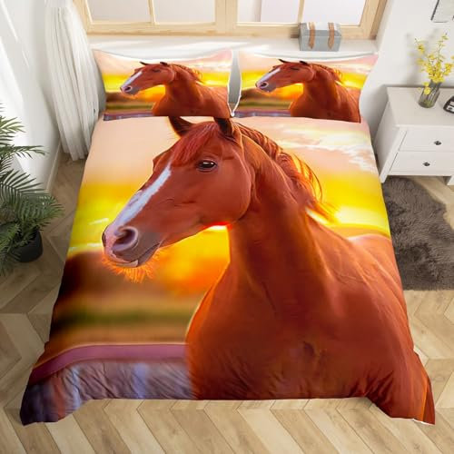 Loussiesd Pferd Bettwäsche Set 135x200cm Kinder 3D Nette Tier Dekor Bettbezug für Jungen Mädchen Gelb Sonnenuntergang Braun Pferd Betten Bettwäsche mit 1 Kissenbezug Reißverschluss, Mikrofiber