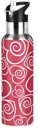 Red Hearts - Botella de agua de viaje floral con pajilla, botella de agua deportiva, botella de agua de acero inoxidable