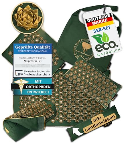 CALM ELEPHANT ORIGINAL® Akupressurmatte mit Kissen XXL Set ULTIMATE 6-teilig, Massagematte Rücken, Verspannungen lösen, Akupunktur Matte, Kissen mit Wärmefunktion, Lenden-& Kniekissen, Fußmatte, grün