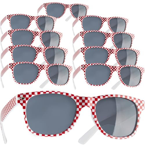 dressforfun retro Brille, Party Sonnenbrille, kariertes Gestell, für 90er Jahre Party, Oktoberfest, Ballermann Mottopartys, Fotobox Accessoires, Festival Gadget, JGA Zubehör - rot/weiß, 10er Set