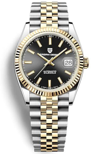 Pagani Design 1645 Herren Automatikuhr NH35 Uhrwerk Edelstahl Armband Wasserdicht 100m, Schwarzes Gold., Armband