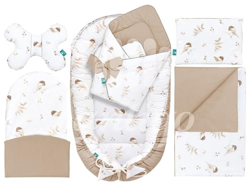 Lantigo Babynest 100% Baumwolle, 6-teiliges Set für Neugeborene, inkl. Kissen, Babydecke, Babyhörnchen, ideale Babyausstattung 95×55 cm Lovely Bird Cappuccino